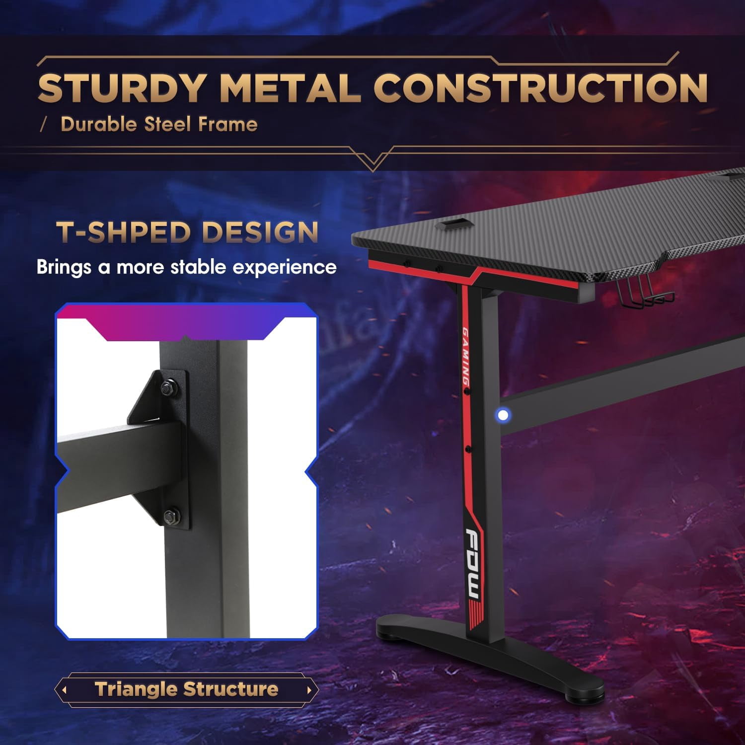 47 Inch Gaming Desk T-Shaped Tabl with Carbon Fiber Surface, Headphone Hook & USB Gaming Handle Rack & Cable Management Hole, Ergonomic Computer Desk for Home Gaming, Office Work, Study, Black