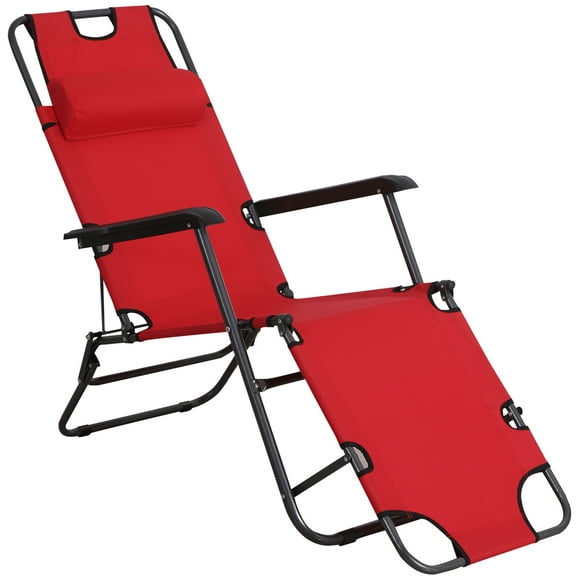 Outsunny Folding Chaise Lounge Chair, Outdoor Portable 2-Level Adjustable Recliner Zero Gravity Chair with Headrest Pillow, Back with Storage Mesh Pocket, Red