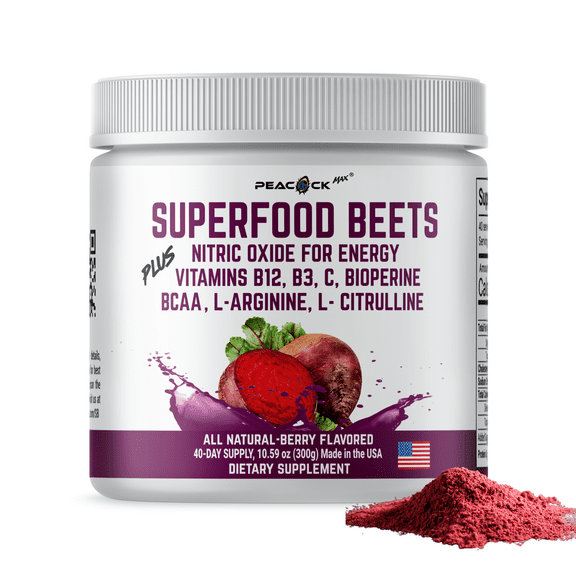 Peacock Max Superfood Beet Powder with Nitric Oxide, Green Tea, BCAA - 10.6 oz