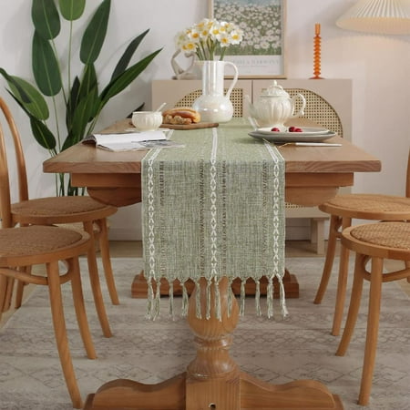 

Rustic Linen Stripe Table Runner Farmhouse 13x108 Inches Long Embroidered with Handmade Tassel for Indoor Ourdoor Party Decor Dining Room Coffee Table Decorations Green