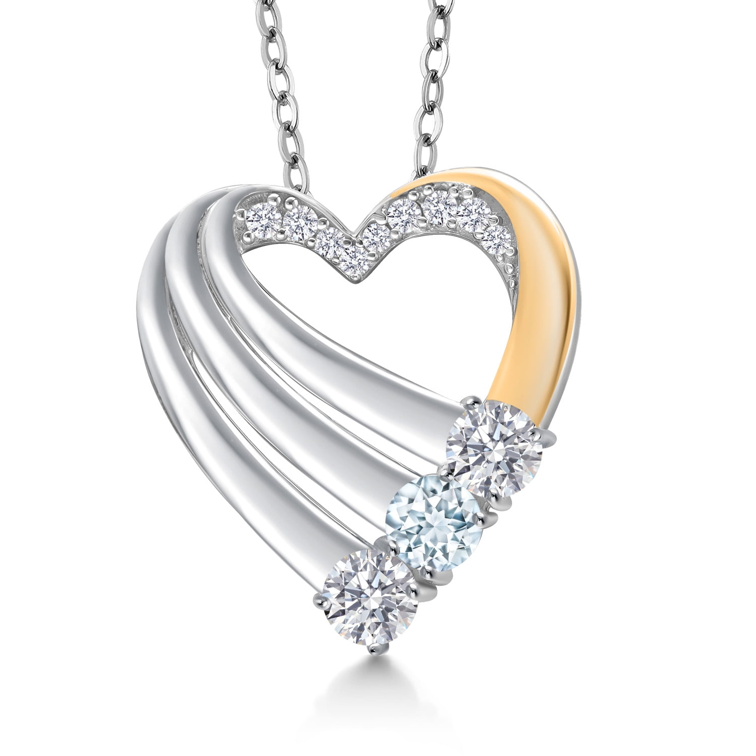 Gem Stone King 925 Silver and 10K Yellow Gold White Lab Grown Diamond and Sky Blue Aquamarine Heart Pendant for Women | 0.89 Cttw | Gemstone April Birthstone | With 18 inch Chain