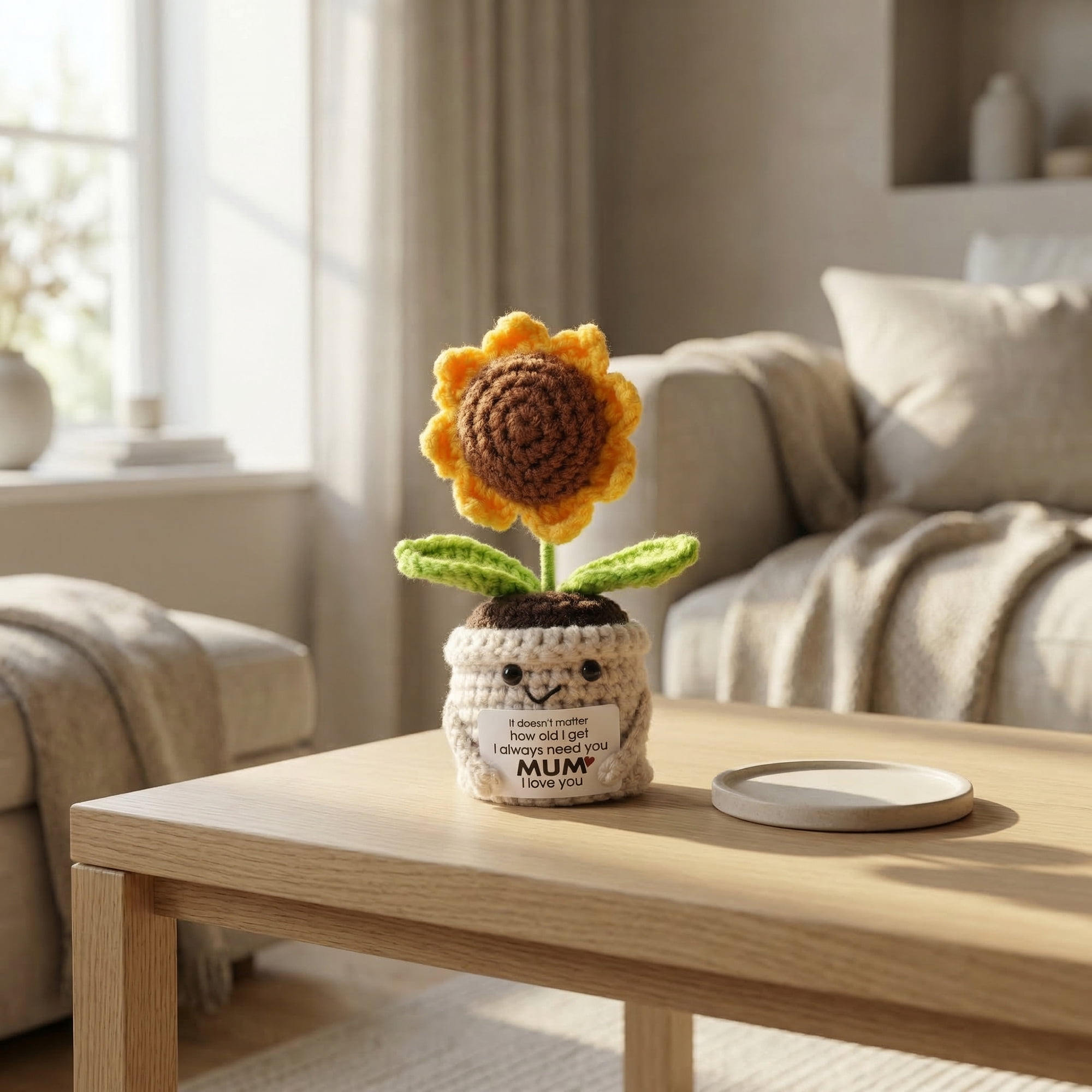 Unique Bargains Handmade Crochet Sunflower Potted Plant Sunflowers White Pot 4.3inch