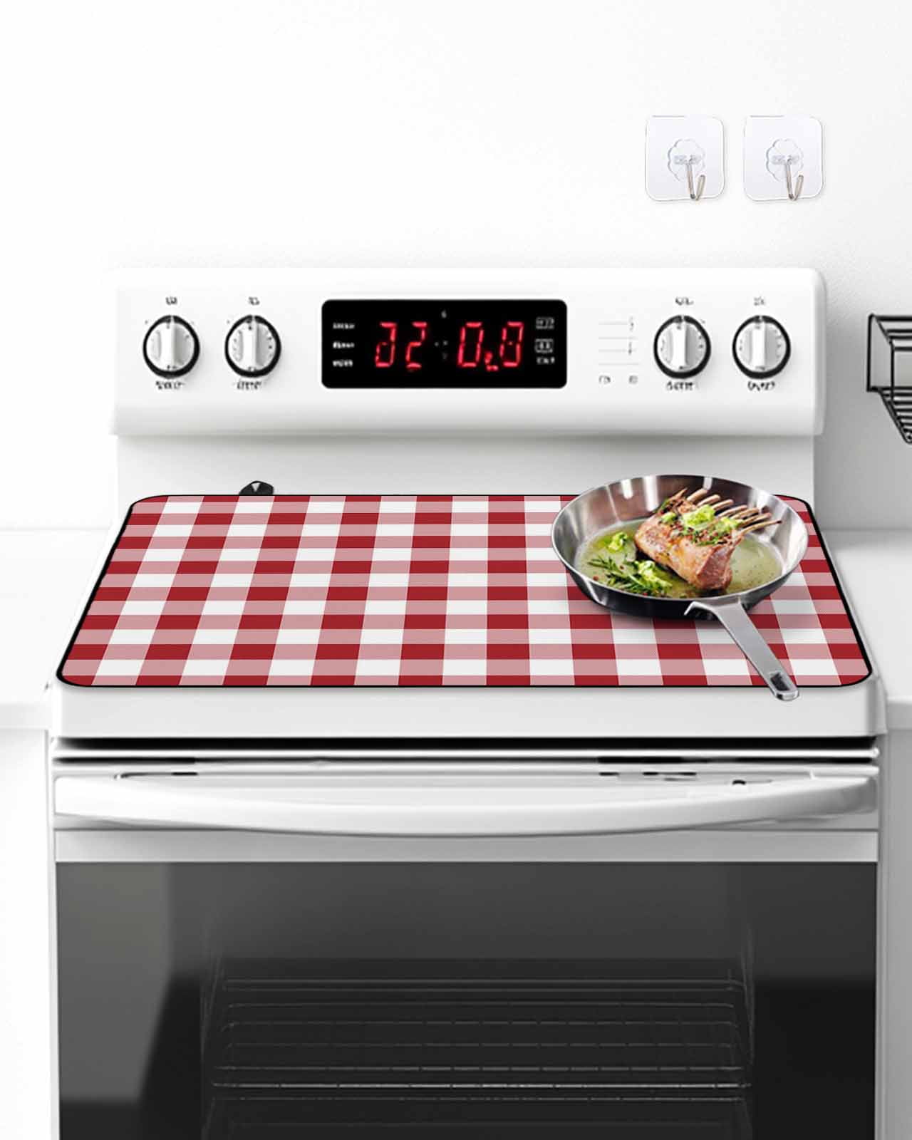 Stove Top Covers for Electric Stove, Farmhouse Red Plaid Glass Stovetop Cover Protector, Rustic Red White Checkered Induction Cooktop Protector Oven Mat for Kitchen Countertop 24"x21"
