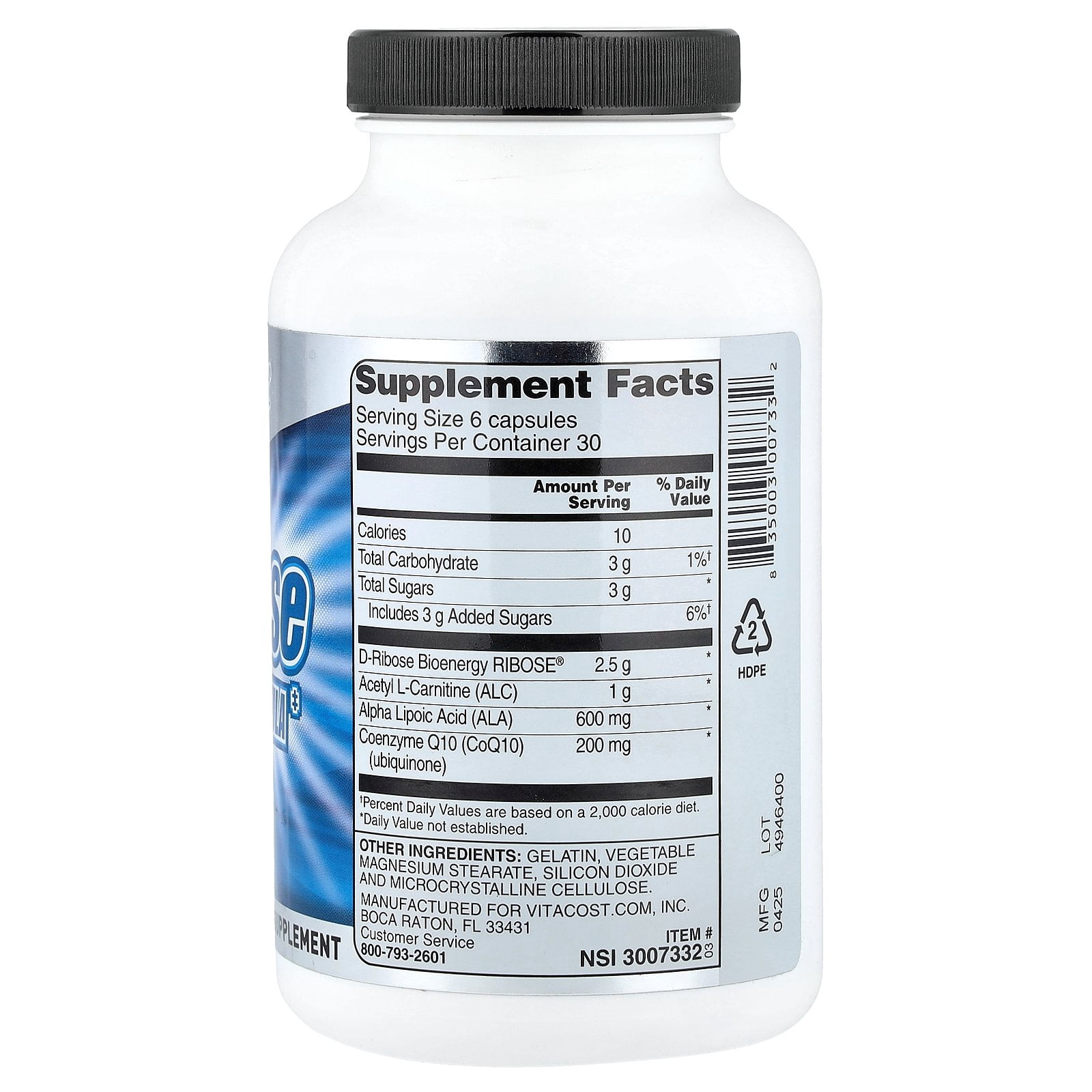 Vitacost D-Ribose Energy Formula, 180 Capsules