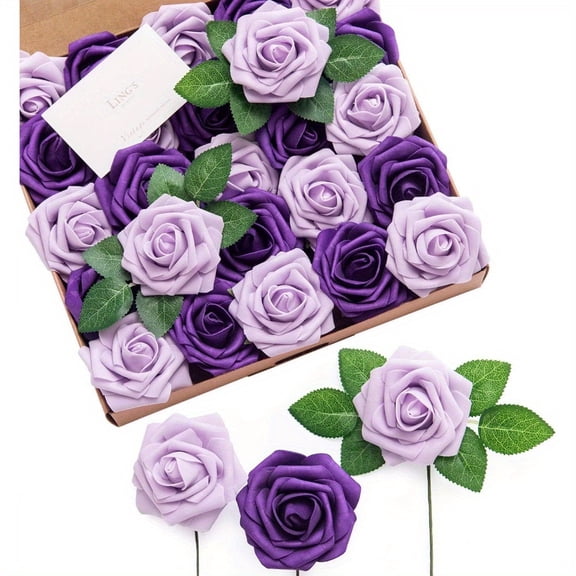 50pcs Purple Realistic Artificial Roses with Stems Real-Looking Fake Flowers Suitable for DIY Wedding Bouquets, Baby Showers, Bridal Party, Table Centerpieces, Home & Party Decorations