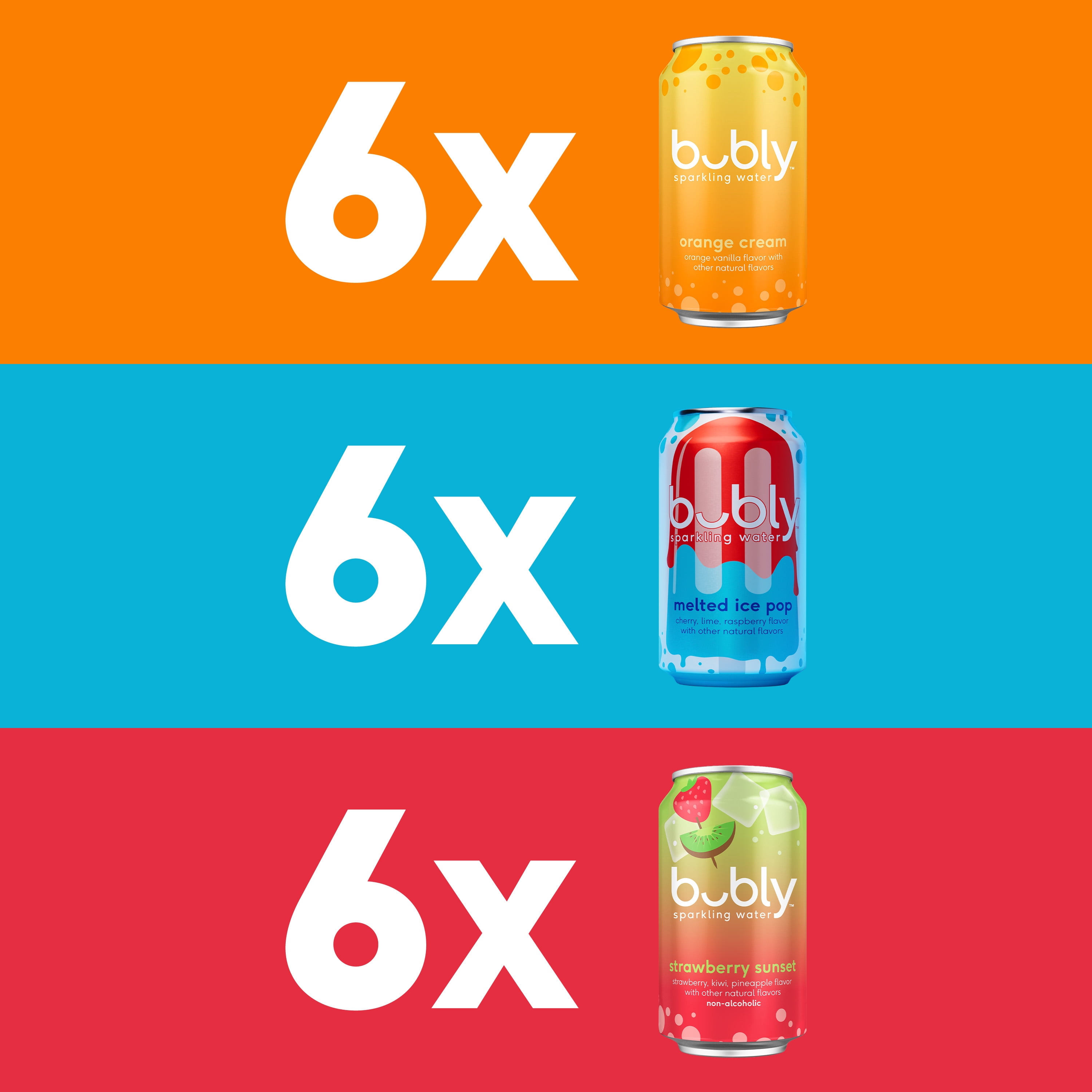 bubly Sparkling Water, Melted Ice pop, Strawberry Sunset, Orange Cream, Zero Sugar & Zero Calories, Seltzer Water, 12 fl oz Cans, 18 pack