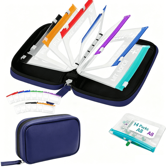 Pill Pouch Organizer Binder Waterproof Set 14 Case Travel for Bags Inside Zipper Day Medicine Weekly Vitamin Medication Reusable Portable Large Holder Daily Container Zippered Storage Purse Use(Navy)