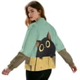 thumbnail image 3 of Xoenoiee Women Bomber Jacket with Pockets Stand Collar Cropped Coat Lightweight Zip Up Jacket Streetwear for Fall Winter, Cartoon Cat Green, 4X-Large, 3 of 7