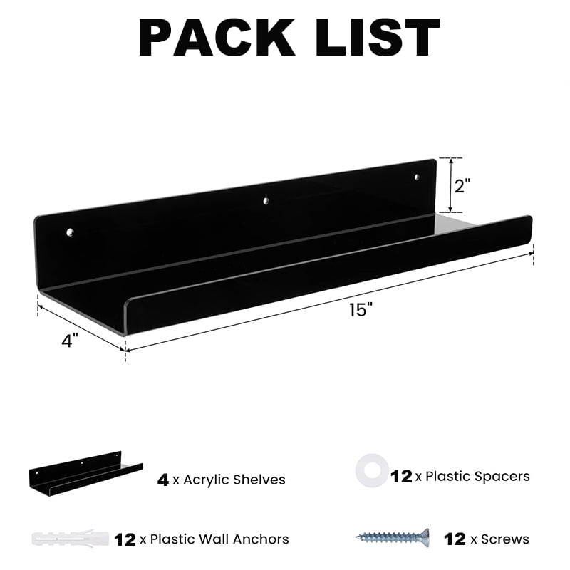 Set of 4 Wall Shelf Wall-Mounted 15" Black Acrylic Floating Shelves W/Guardrail, Nail Care Kit Holder