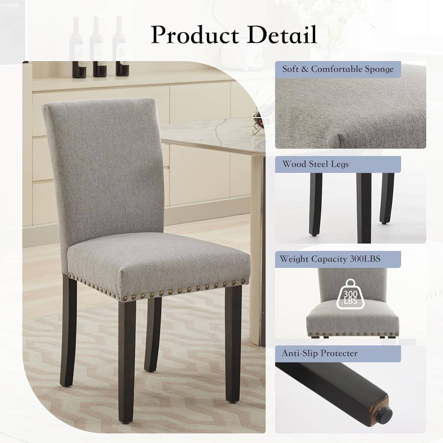 Dining Chair Sets of 2 Upholstered High Back Dining Chair Armless Kitchen Chair Sets Fabric Diner Room Chair with Nailhead Trim/Wood Legs and Padded Cushion Modern Banquet Chairs, Grey