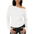 thumbnail image 2 of ClodeEU Women's Asymmetric Shoulder Pleated Long-Sleeve Slim Fit Tshirt ,Boat Neck Off Shoulder Blouse Tops White,Womens Plus M, 2 of 7
