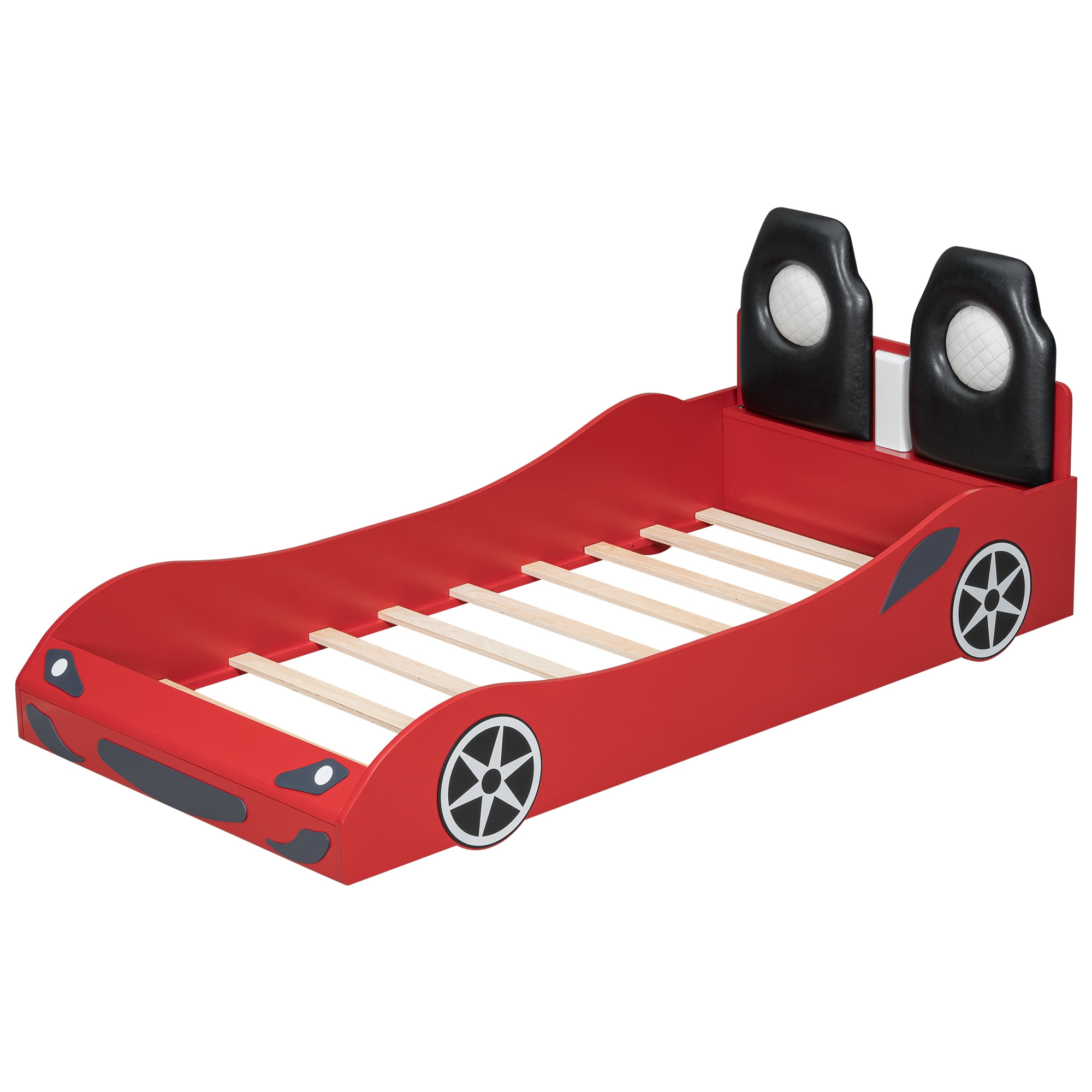 Euroco Upholstered Race Car Bed, Twin Platform Bed with LED Light and Headboard