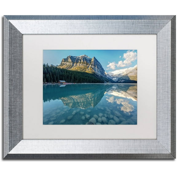 Trademark Fine Art 'Calm Lake Louise Morning' Canvas Art by Pierre Leclerc, White Matte, Silver Frame