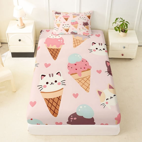 Manfei Ice Cream Cat Twin Fitted Sheet, Cartoon Love Heart Bedding, Pink, 2pcs, 1 Fitted Sheet and 1 Pillowcase