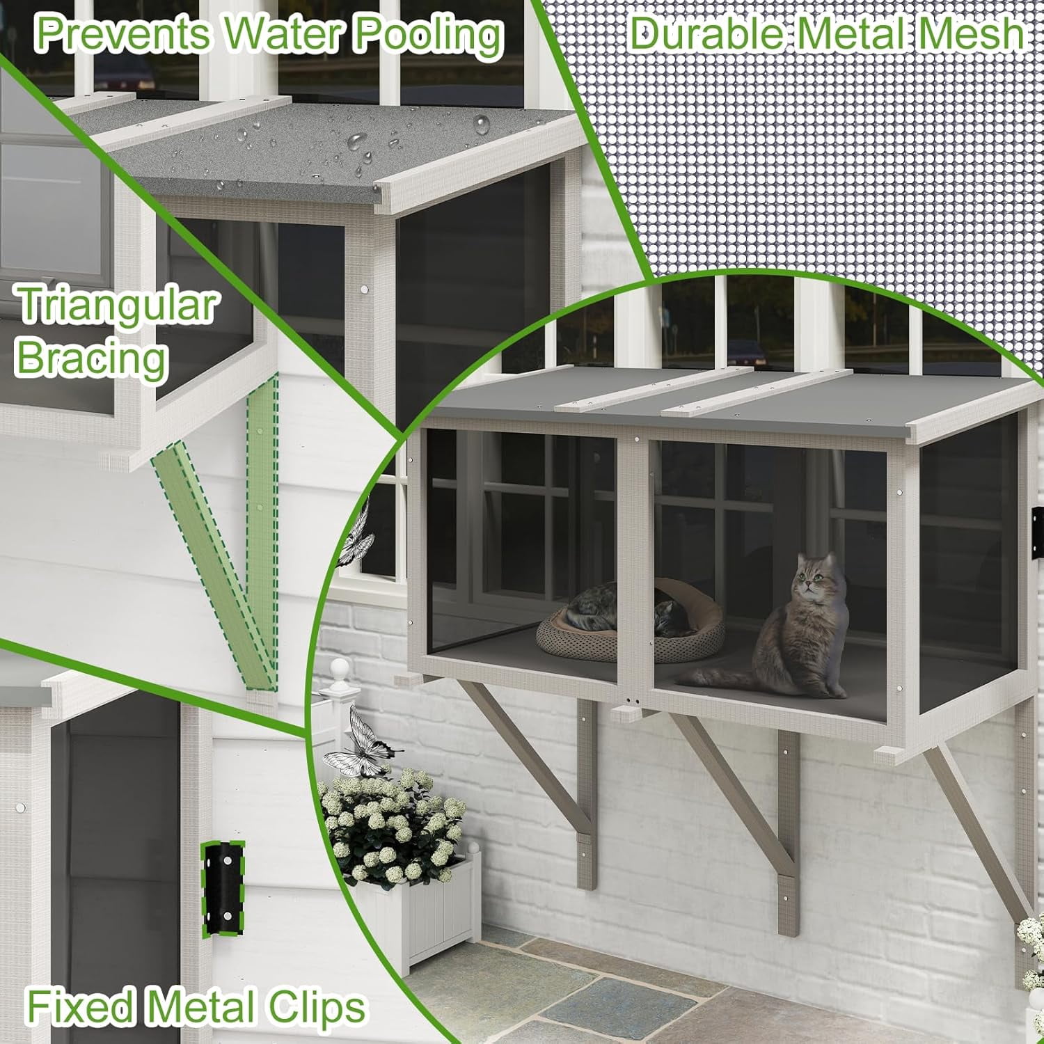 PETSCOSSET Outdoor Window Catio Enclosure with Mesh, Wooden Small Pet Perch House Hammock, All-Weather Design