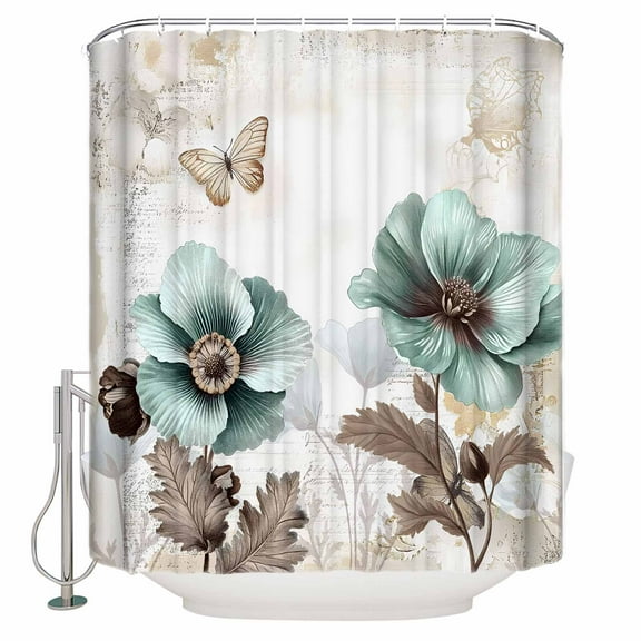 Small Stall Shower Curtain 36x78 Inch Narrow Half Size Vintage Teal Floral Bath Curtains Bathroom Decor Farmhouse Botanical Tulip Butterfly Waterproof Fabric Shower Curtain Set with Hooks 36 Inch