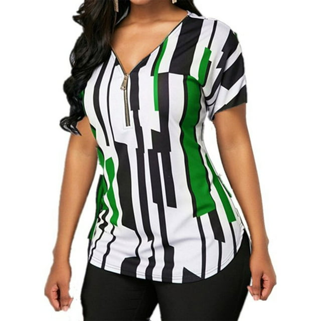 serony T-shirt Femme Col en V Rayé Manches Courtes Fermeture Éclair Blouse Slim, Vert, L Vert m