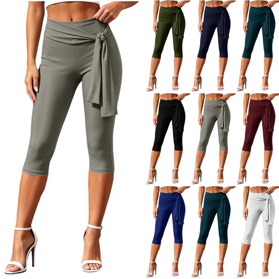 Bloomae Women Front Wrap Tie Capris Pants Stretchy High Waist Foldover Back Capri Leggings Tummy Control Skinny Y2k Casual Cropped Summer Trousers