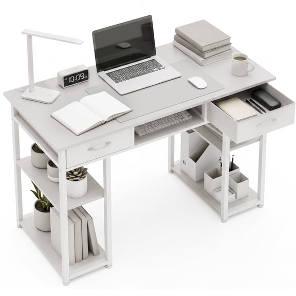 edx 48 Inch Office Desk with 2 Drawers, Spacious Writing Desk with Storage Shelves, Modern Computer Table for Home Office,Study and Work,White