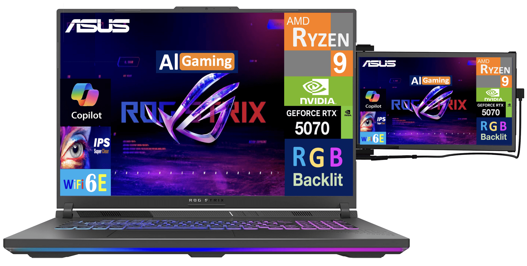 ASUS ROG Strix G18 Laptop 18in 240Hz WQXGA Display (AMD Ryzen 9 8940HX, NVIDIA GeForce RTX 5070 8GB, 64GB DDR5, 2TB PCIe SSD, RGB KB, WiFi 6E, Webcam, Bluetooth 5.4, Win 11 Home) w/Duex Max DS Monitor