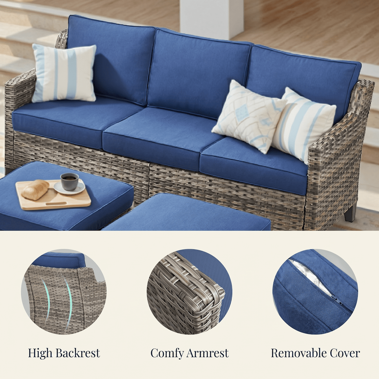Outdoor Patio Sofa 3 Seat, 73” Wicker Rattan Couch with Cushions, All Weather PE Rattan Outdoor Sofa, Sloped Armrest, Steel Frame, UV Water Resistant Patio Furniture for Balcony Porch Backyard