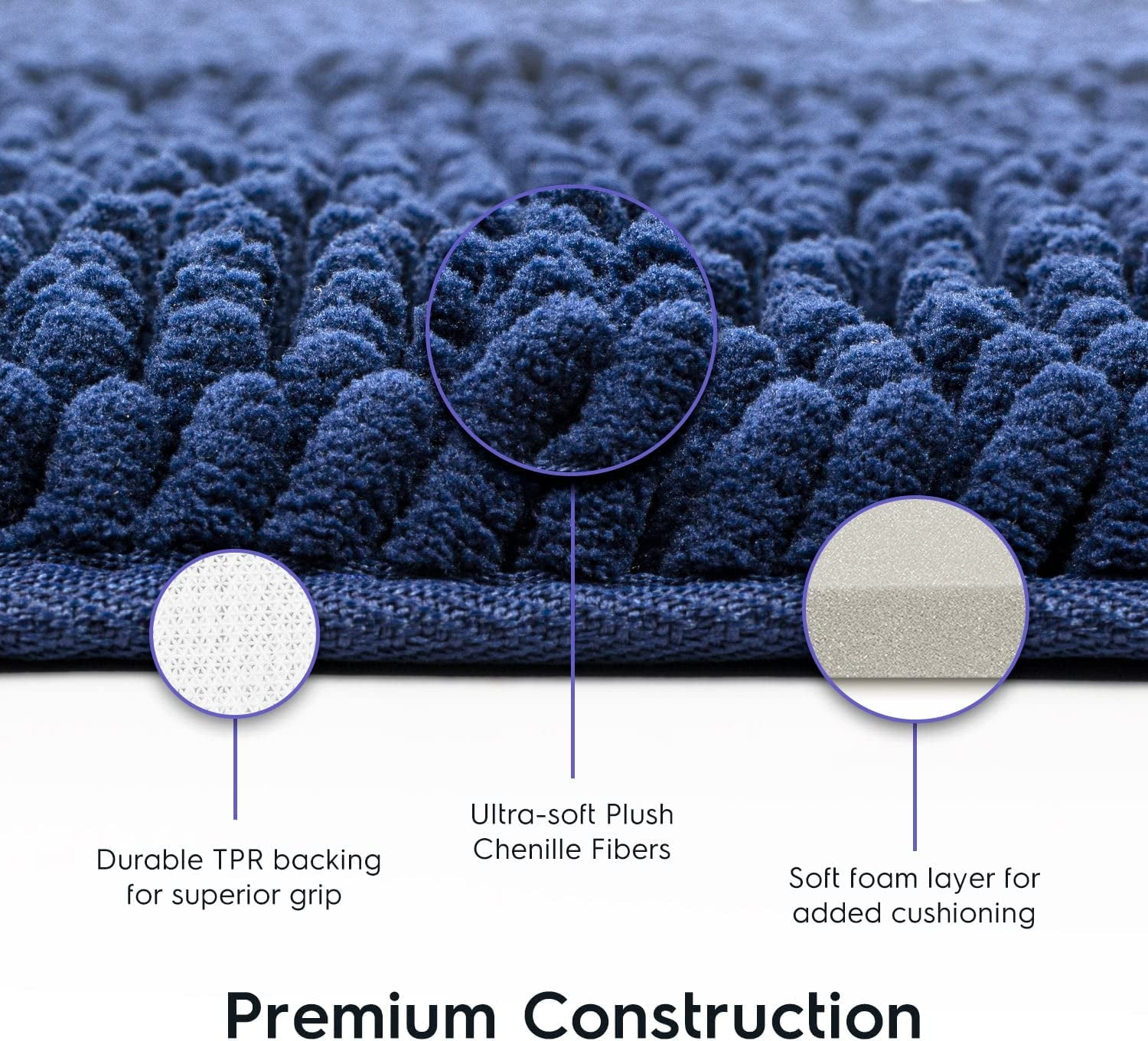 Bathroom Rugs, Extra-Thick Memory Foam Bath Mat, Ultra-Soft Chenille Microfiber, Highly Absorbent, Machine Washable, Shaggy Bath Mats for Bathroom, Circular Cutout (21x32 + 20x22, 2pcs) Navy