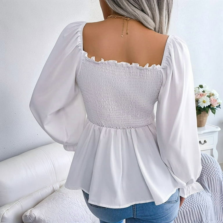 PEPLUM LONG SLEEVE TEE　38　ホワイト AherBiu Going out Tops for Women Stretchy off Shoulder Long