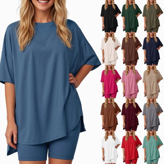 Short Sets Women 2 Piece Outfits Oversized T-Shirts Pocketed Cotton Shorts Matching Sets Sleepwear For Women