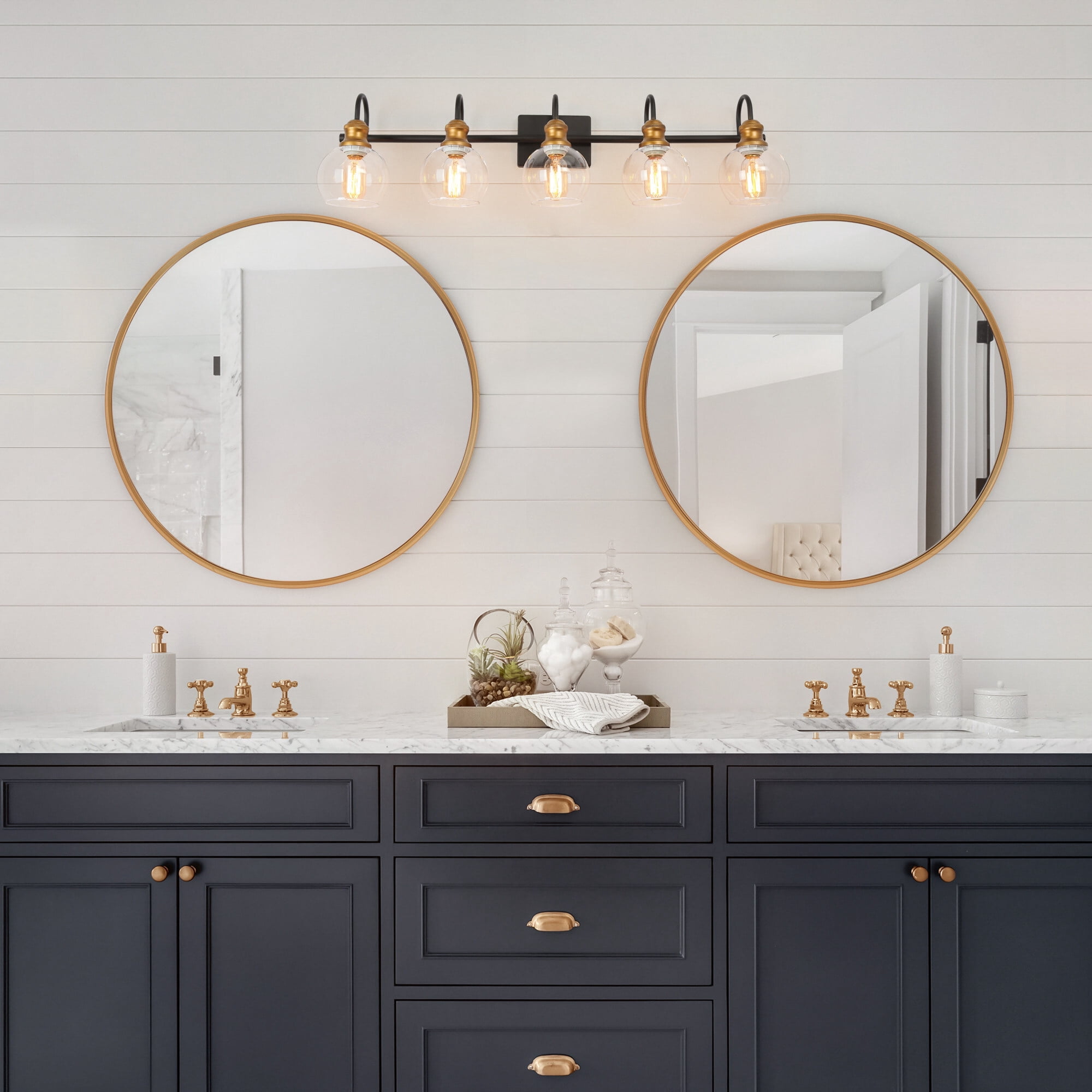 LNC 5-Light Black Round Clear Glass Shade Modern Bathroom Vanity Light