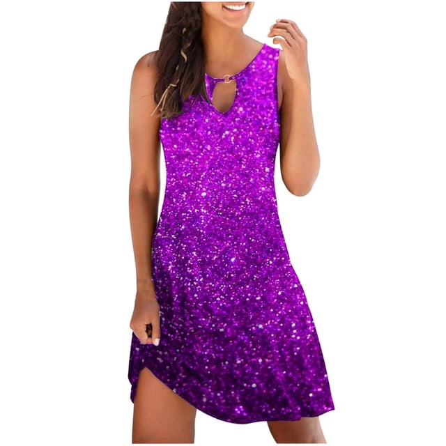 Besolor Robe à Paillettes pour Femmes Col Trou de Serrure Sans Manches Robe d'Été Scintillante Tendance Soirée Sortie Mini Robe