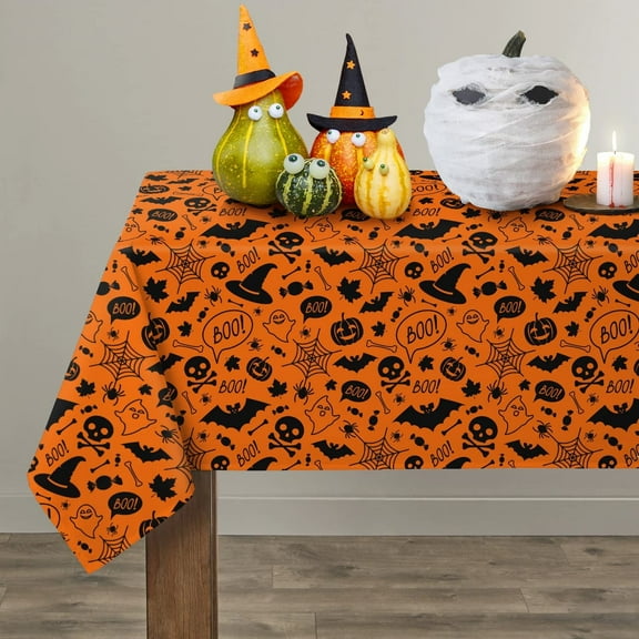 Halloween Tablecloth, Halloween Table Cloth with Pumpkin Spider Web Bat Tablecloth, Waterproof Wrinkle Free Rectangle Tablecloth Polyester Fabric Table Cover for Halloween Party Decoration, Black
