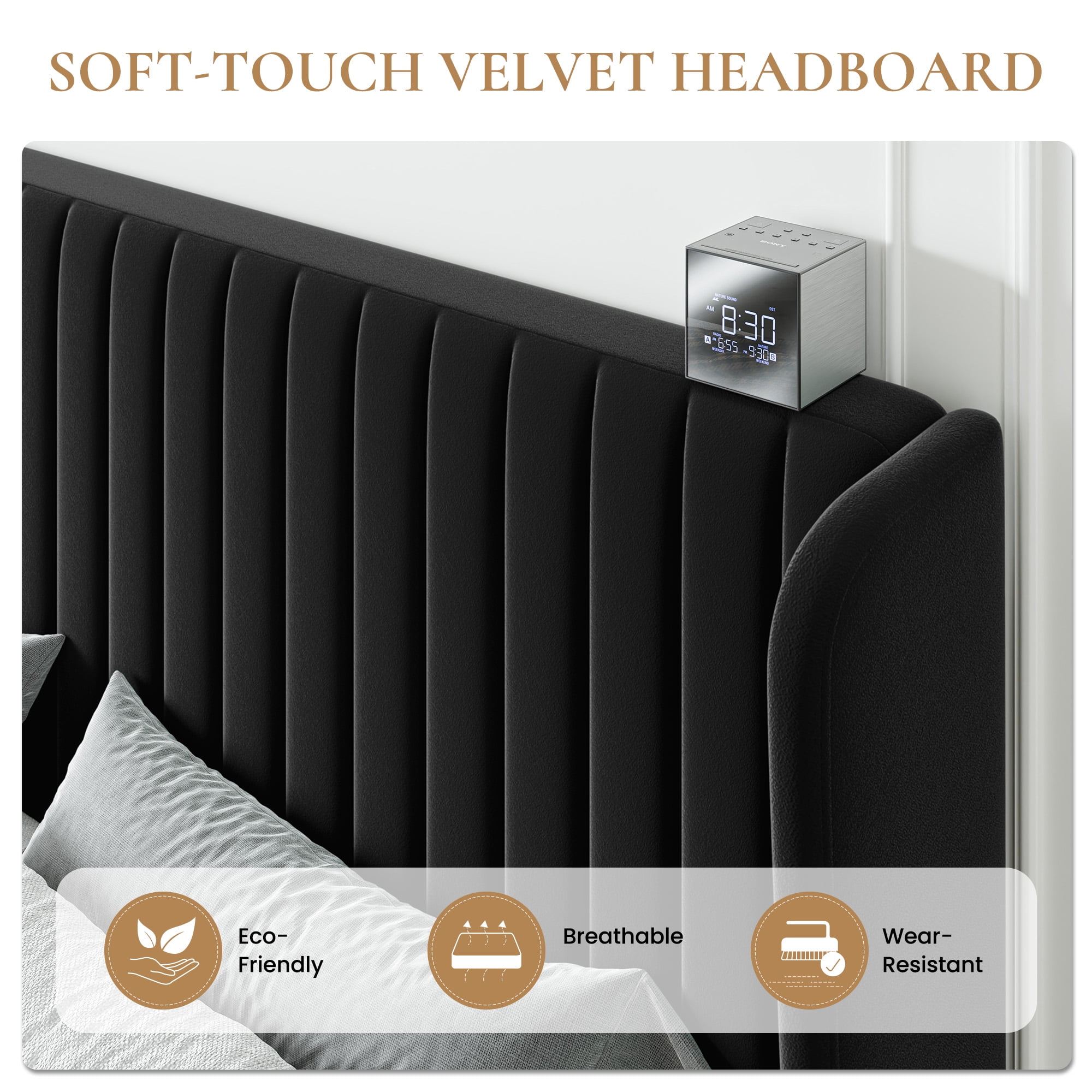 Sha Cerlin Full Size Upholstered Platform Bed Frame with Velvet Channel Wingback Headboard, Black