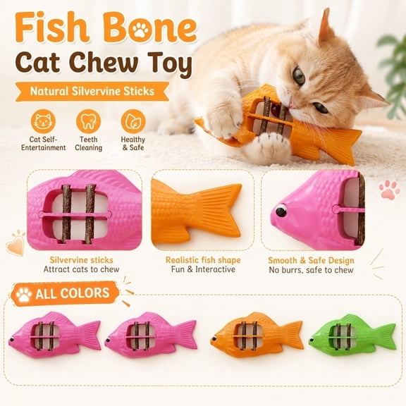 Kiddiway Cat Chew Stick for Teeth Cleaning - Purriq Natural Cat Sticks That Clean Teeth, 2026 New Durable Wooden Fishbone, Catnip and Silvervine Chew, Interactive Cat Toy for Indoor Cats,Green