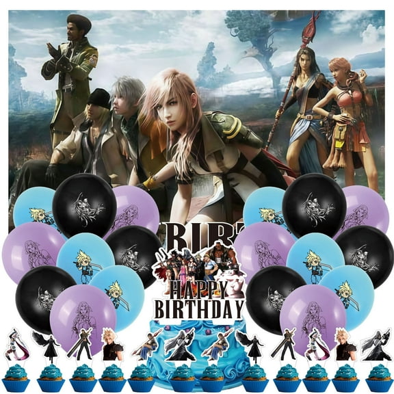 32 PCS For Final Fantasy Games-Themed Party Decorations and Favors Set – Backdrop, 18 Balloons, and 13 Cupcake Toppers for Celebration Birthday Parties Supplies