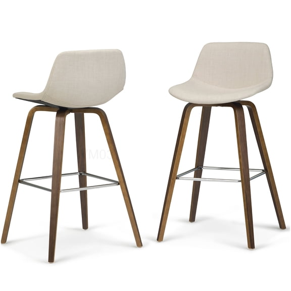 Modern Bentwood Bar Stools Set of 2, Beige Linen Upholstery and Chrome Accents for Kitchen Island