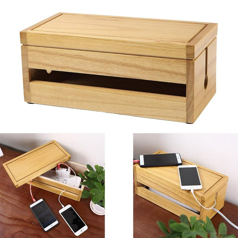 Cable Management Box Wood Cord Organizer for Wire Management Concealer for Desktop Color Wood Color, Size: 29x14.3x12.3cm, Brown