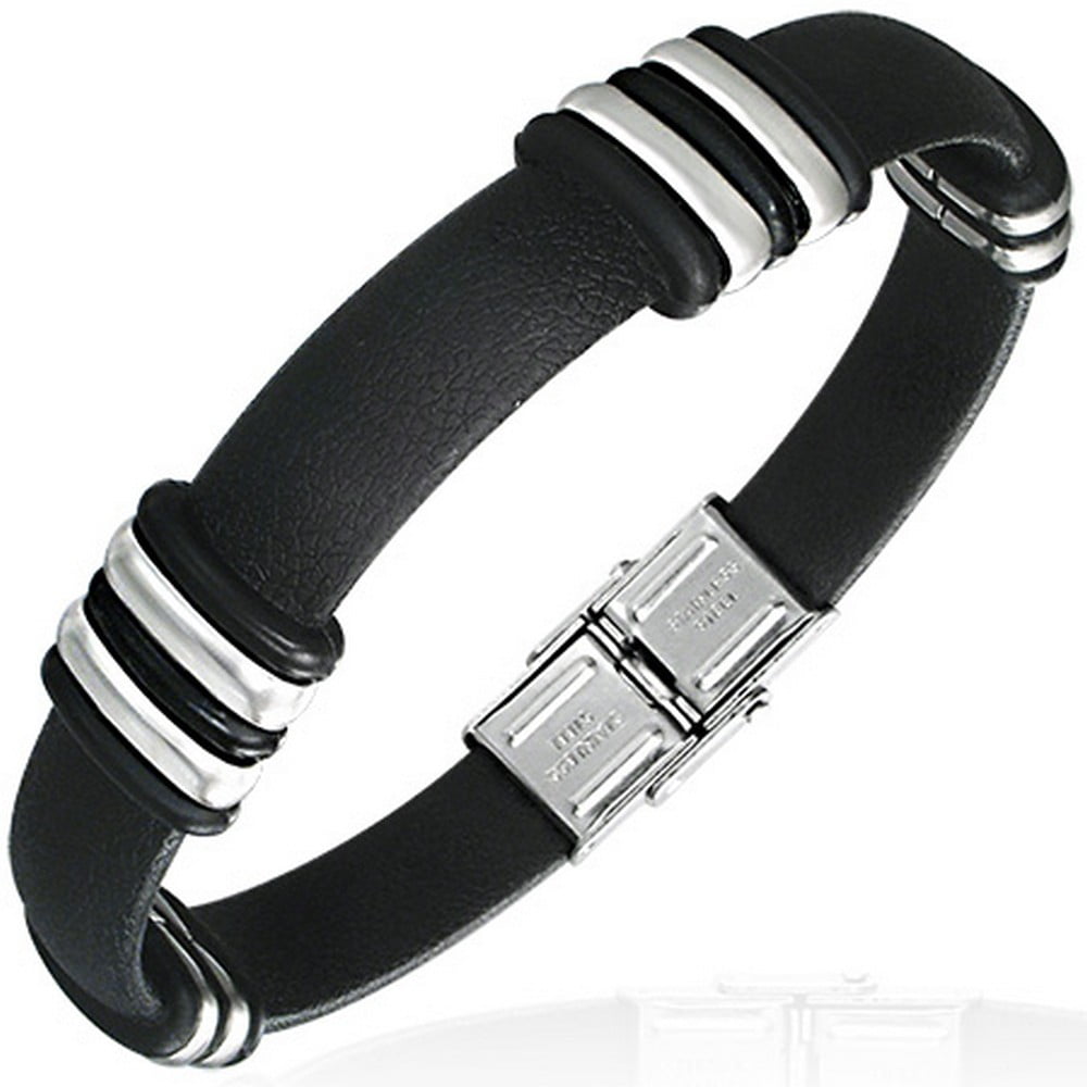 Black Rubber Silicone Stainless Steel Two-Tone Mens Bracelet Wristband ...