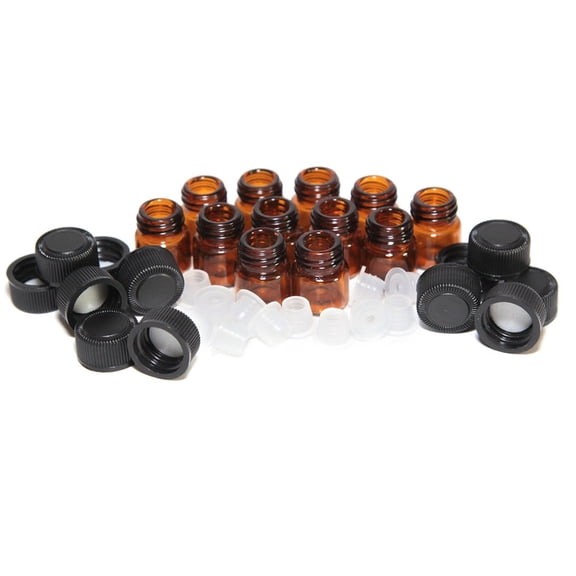 Yrmaups Amber Essential Oil Bottles, 12 Pcs 1ml Sample Containers with Orifice Reducer and Cap, Mini Travel Vials for Perfume, Glass Dropper Bottles