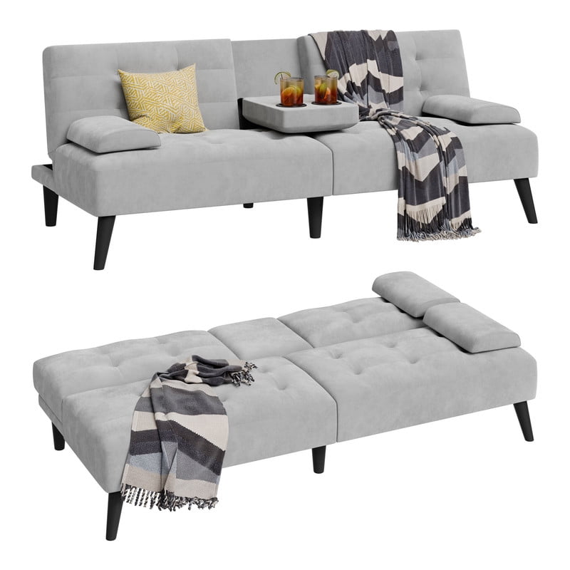 Walsunny Convertible Futon Sofa Bed, Foldable Futon Sleeper Sofa Bed with 2 Cup Holders, Folding Loveseat Recliner with 3-Angle Adjustment Modern Couch for Living Room, Small Space, Light Gray