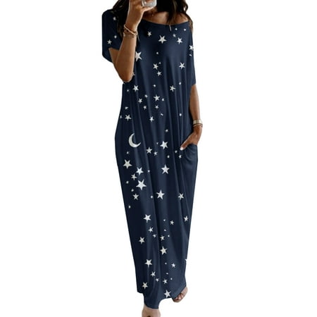 

UKAP Nightdress for Womens Short Sleeve Loungewear Loose Nightgowns Pockets Summer Casual Sleep Long Maxi Dress