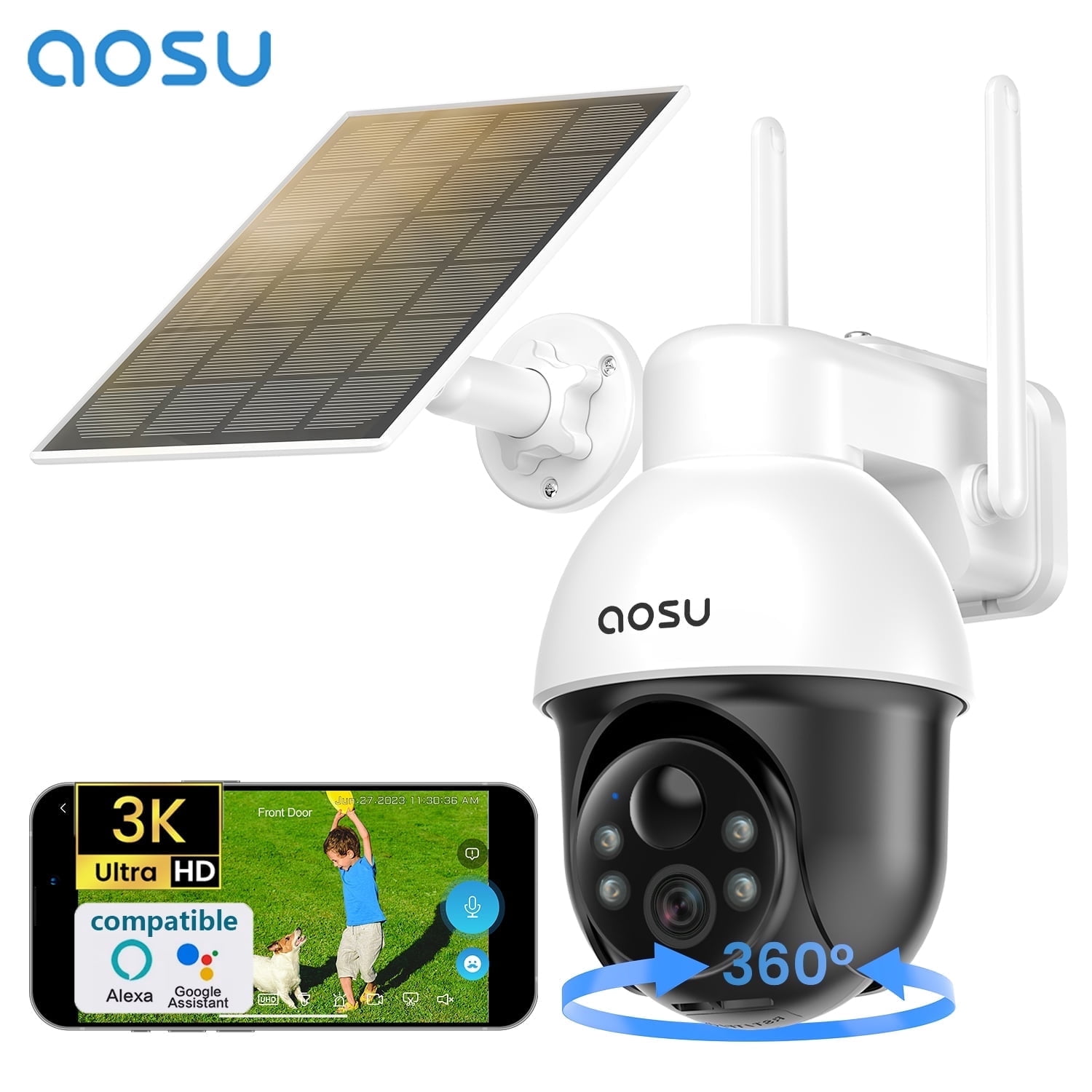 AOSU Solar Security Camera,5MP Wireless Outdoor Cameras,360° Surveillance,Auto Tracking, Human/Vehicle Detection,works with Alexa/Google Assistant