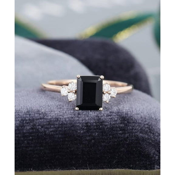 Black Onyx engagement ring women Unique emerald cut diamond Cluster engagement ring for women vintage sterling silver ring Bridal anniversary gift