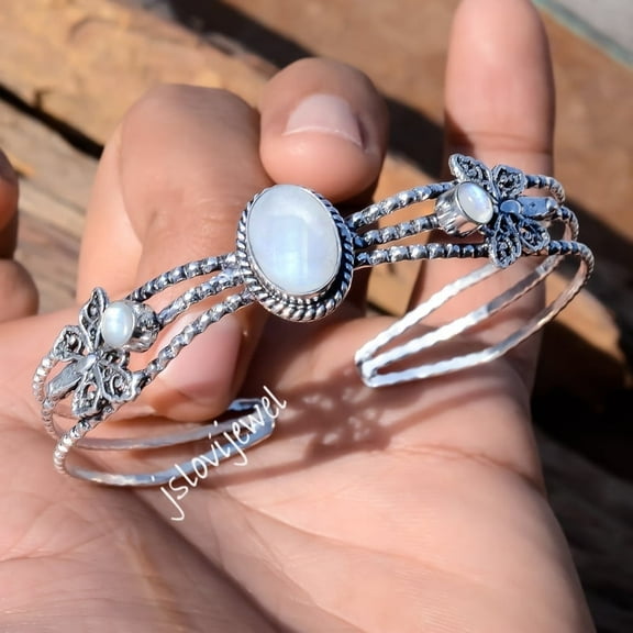 Moonstone Blue Fire Gemstone Silver Gemstone Cuff Bangle Birthstone Bracelet