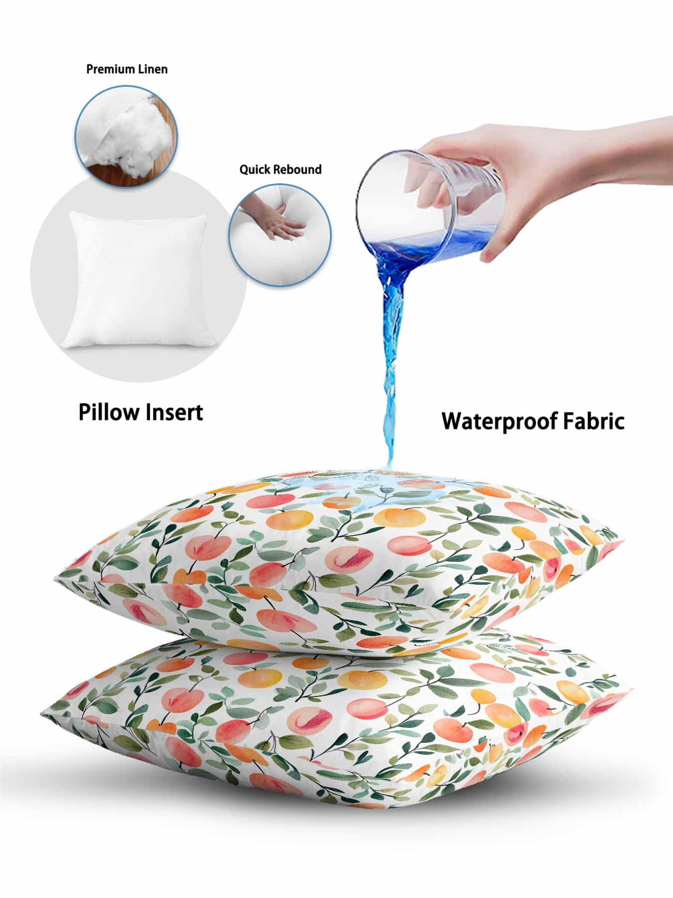 Outdoor Pillows Waterproof, Summer Fruits Bedding Throw Pillows with Insert for Couch Sofa Bed, Orange Peach Green Botanical Spring 18x18 Inch Pillowcases Decorative Camping Patio Pillow Set of 1