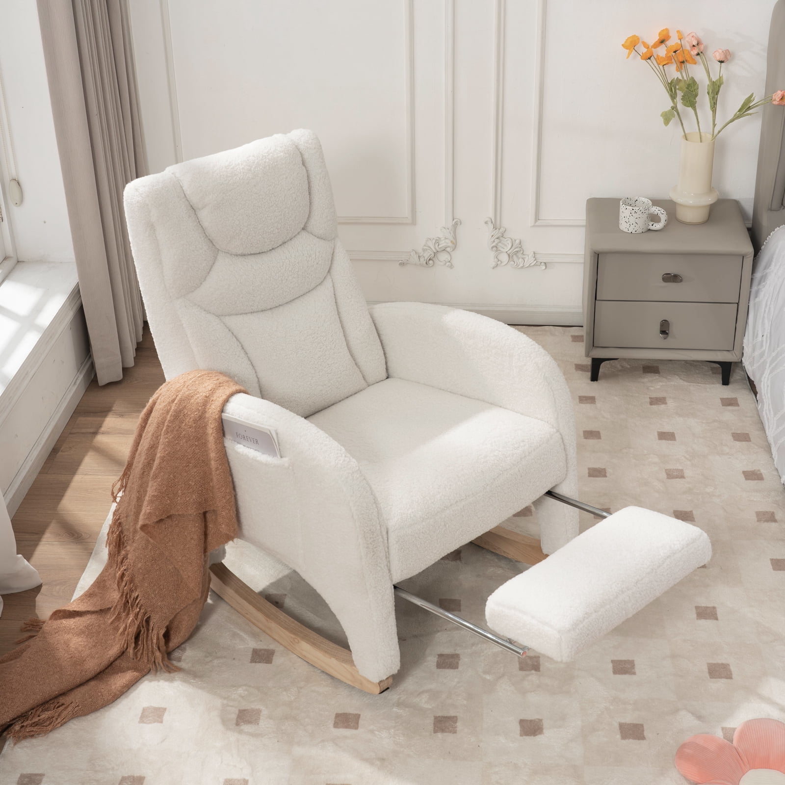 ALAKFORM Rocking Chair Nursery with Foot Rest,Upholstered Teddy Glider Rocker with Wood Legs, Nursing Rocking Chair Indoor for Living Room/Nursery,Ivory