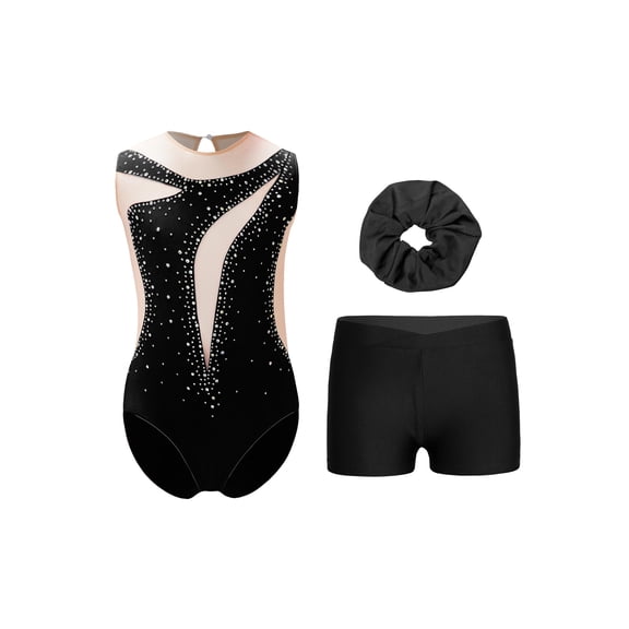 TTAO Kids Girls Gymnastic Leotard Shiny Ballet Dance Bodysuit with Shorts Hairband 2Pcs Gym Sports Outfit Black 16
