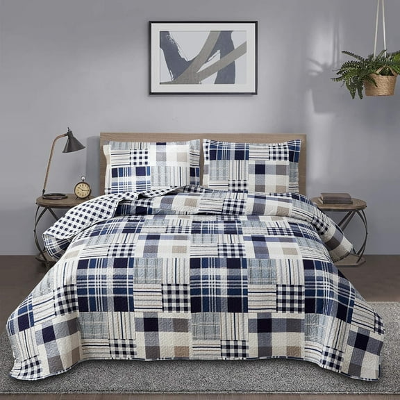 Jessy Home Beige Plaid Quilt Twin Patchwork Bedding Microfiber Bedspread Coverlet
