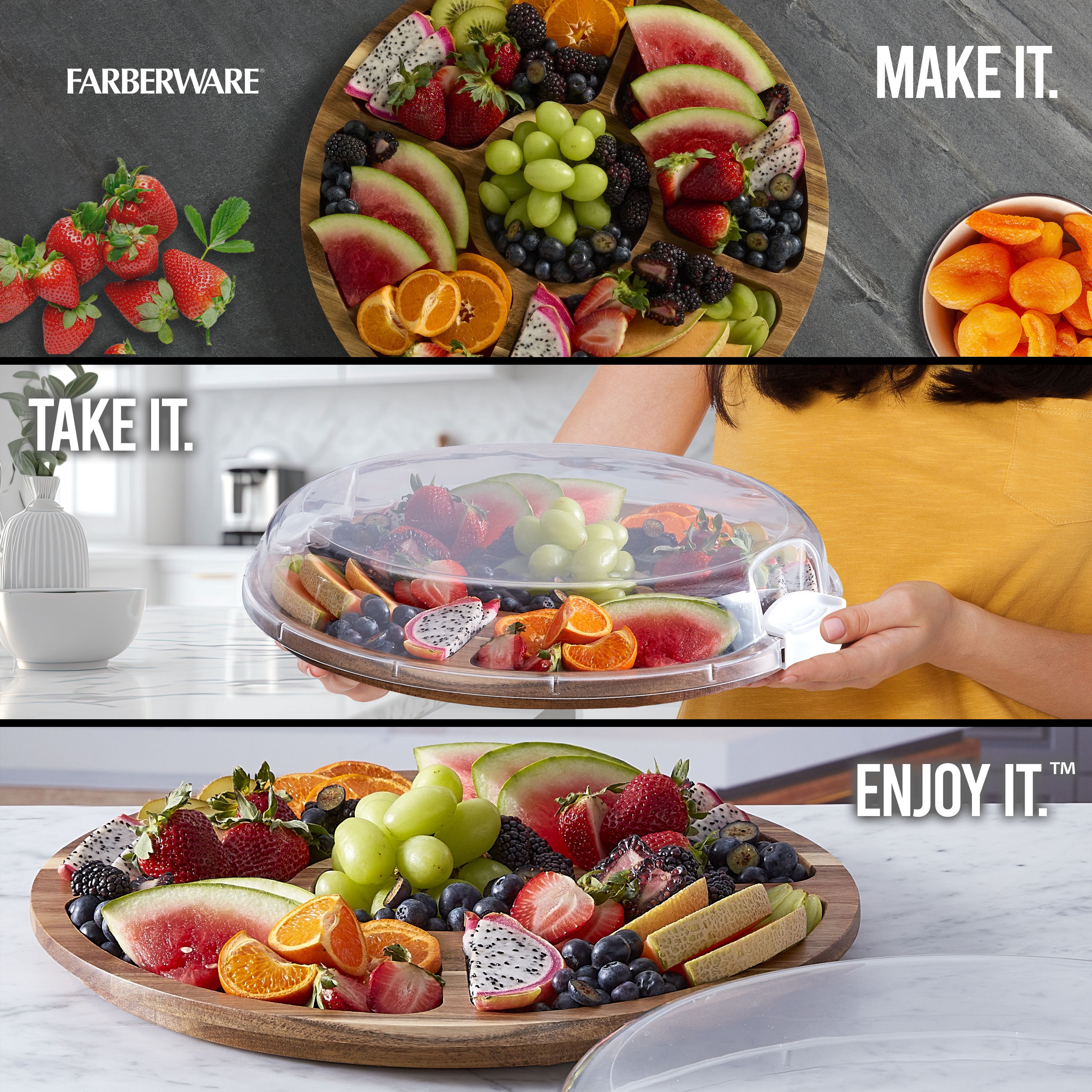 Farberware Build-A-Board 14-Inch Round Acacia Cutting Board with Lazy Susan, 5 Compartments & Locking Lid