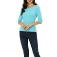 thumbnail image 1 of INSPIRE CHIC Hauts pour Femmes Manches au Coude Encolure Bateau Coupe Ajustée T-Shirt Classique Décontracté TP Bleu Aqua, 1 of 6