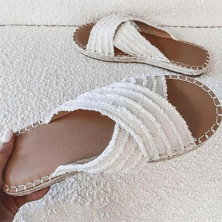 

jsaierl Women Vintage Beach Slides Platform Espadrille Sandal Cross Strap Frayed Distressed Denim Backless Sandals